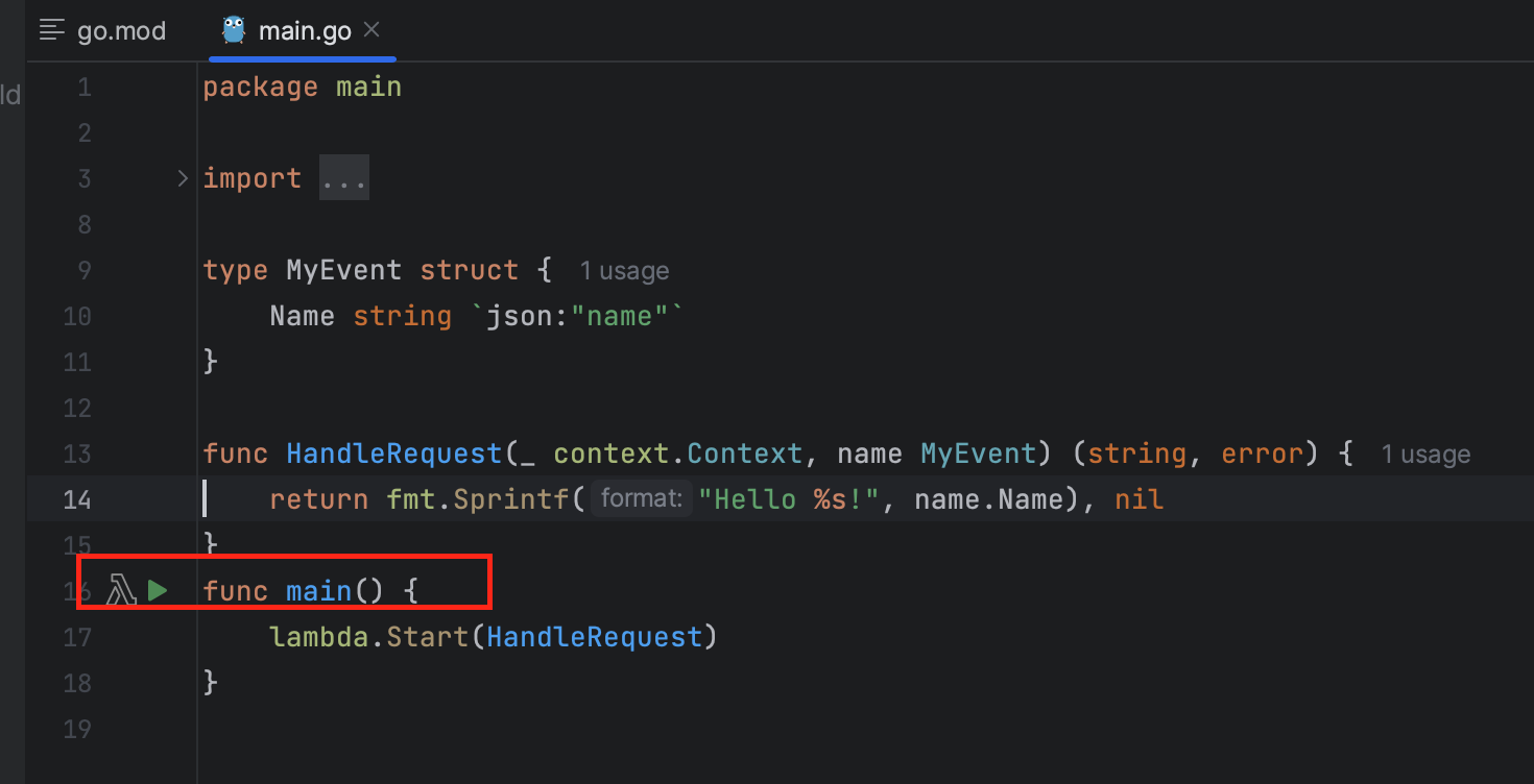AWS Toolkit이 설치 완료되었다면, 메인함수 옆에 AWS Lambda 아이콘이 활성화된다.
