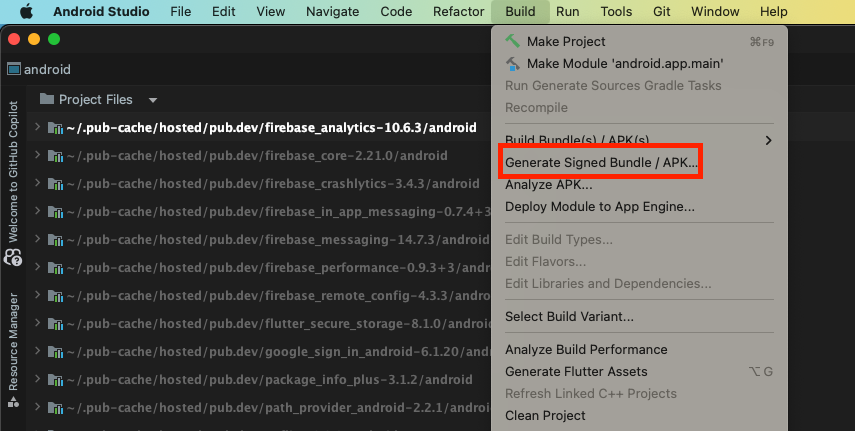 Android studio의 build 메뉴 하위에 Generate Signed Bundle/APK가 있다.